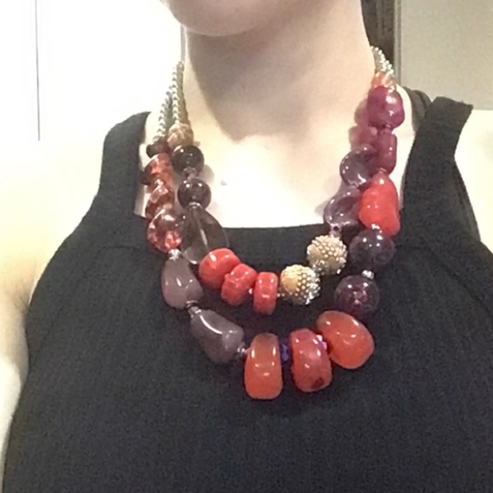 Artsy double layered necklace with red toned beads